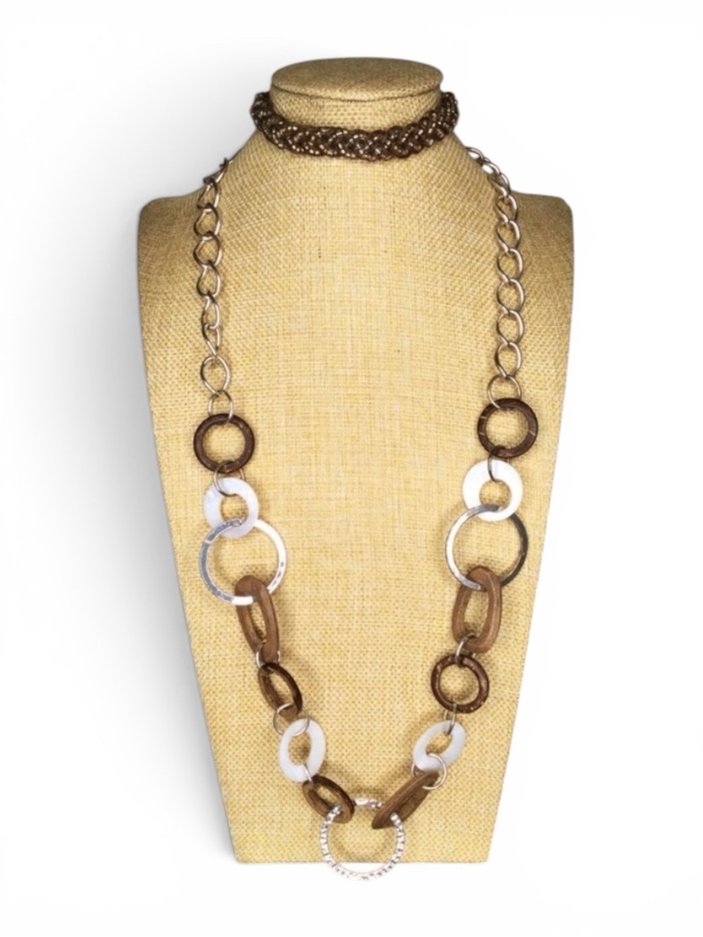 Vtg Wood, Mother of Pearl & Resin Silver-Tone Link Necklace & Macramé Bracelet